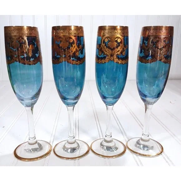 GlassOfVenice Murano Glass Champagne Flutes 24K Gold Leaf - Blue Set 4 Vintage - Picture 7 of 16